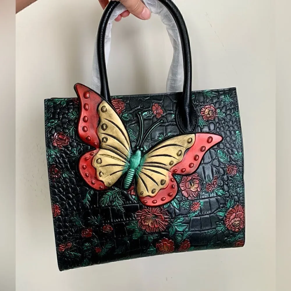 Hand Painted Genuine Leather Floral Embossed with 3D Butterfly Handbag